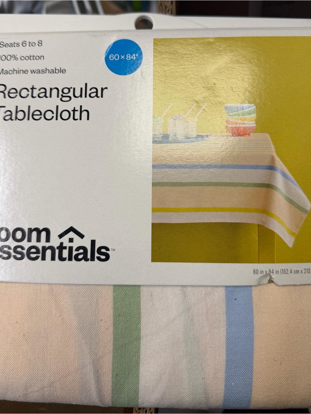 Room Essentials Cream Tablecloth with Blue, Green and Yellow Stripes